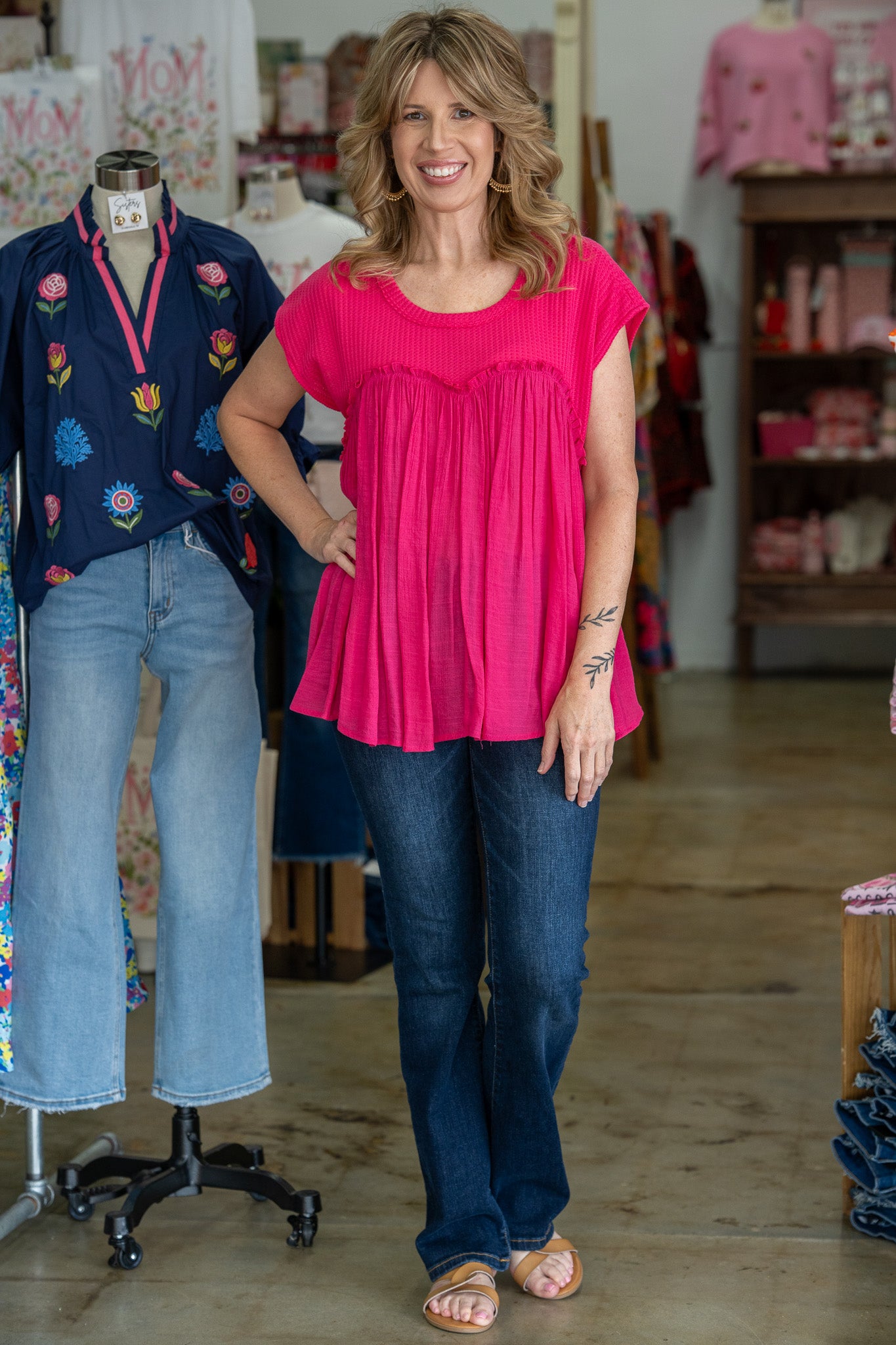 Tabbie Hot Pink Waffle Knit Top