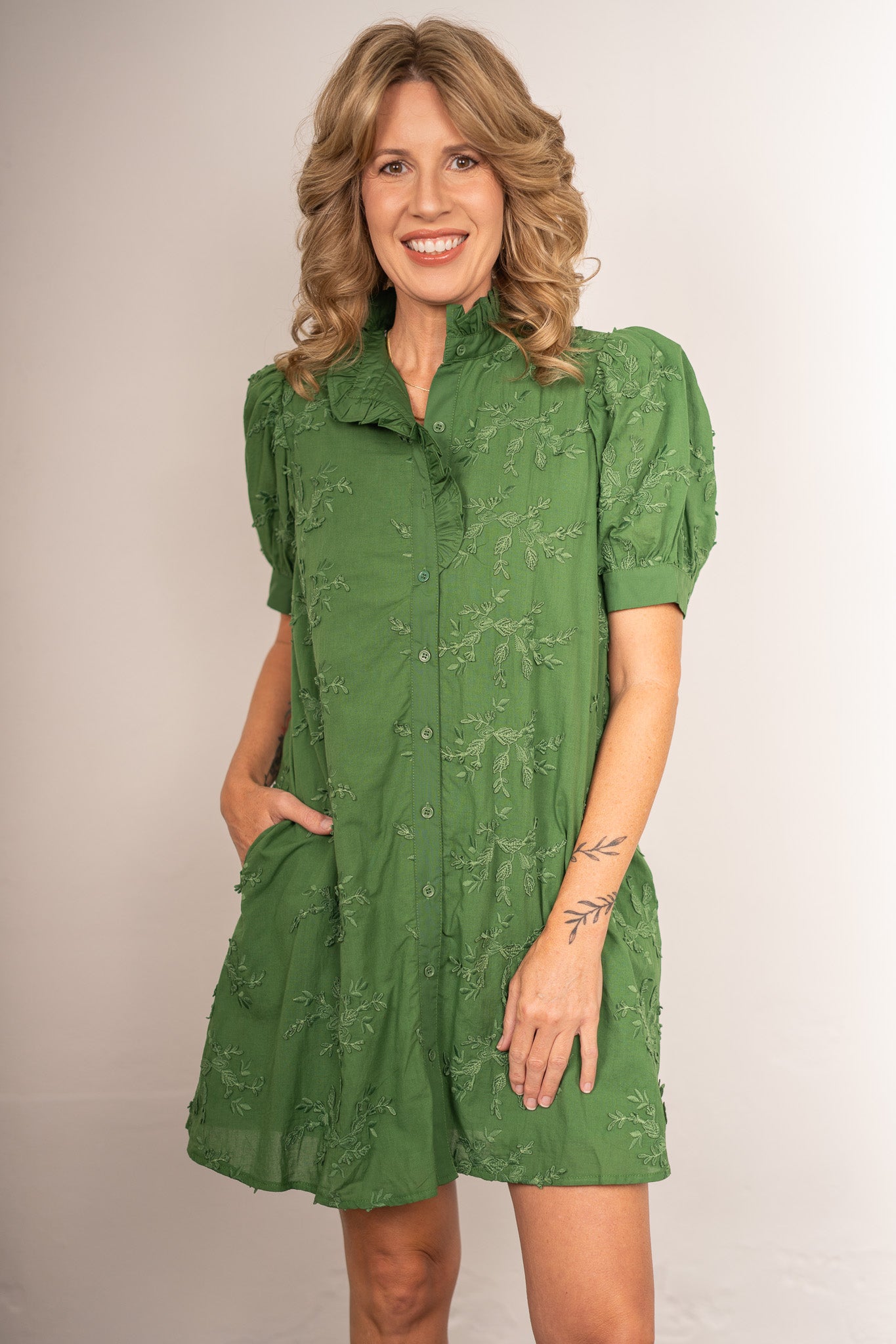 Mandy Green Textured Floral Dress