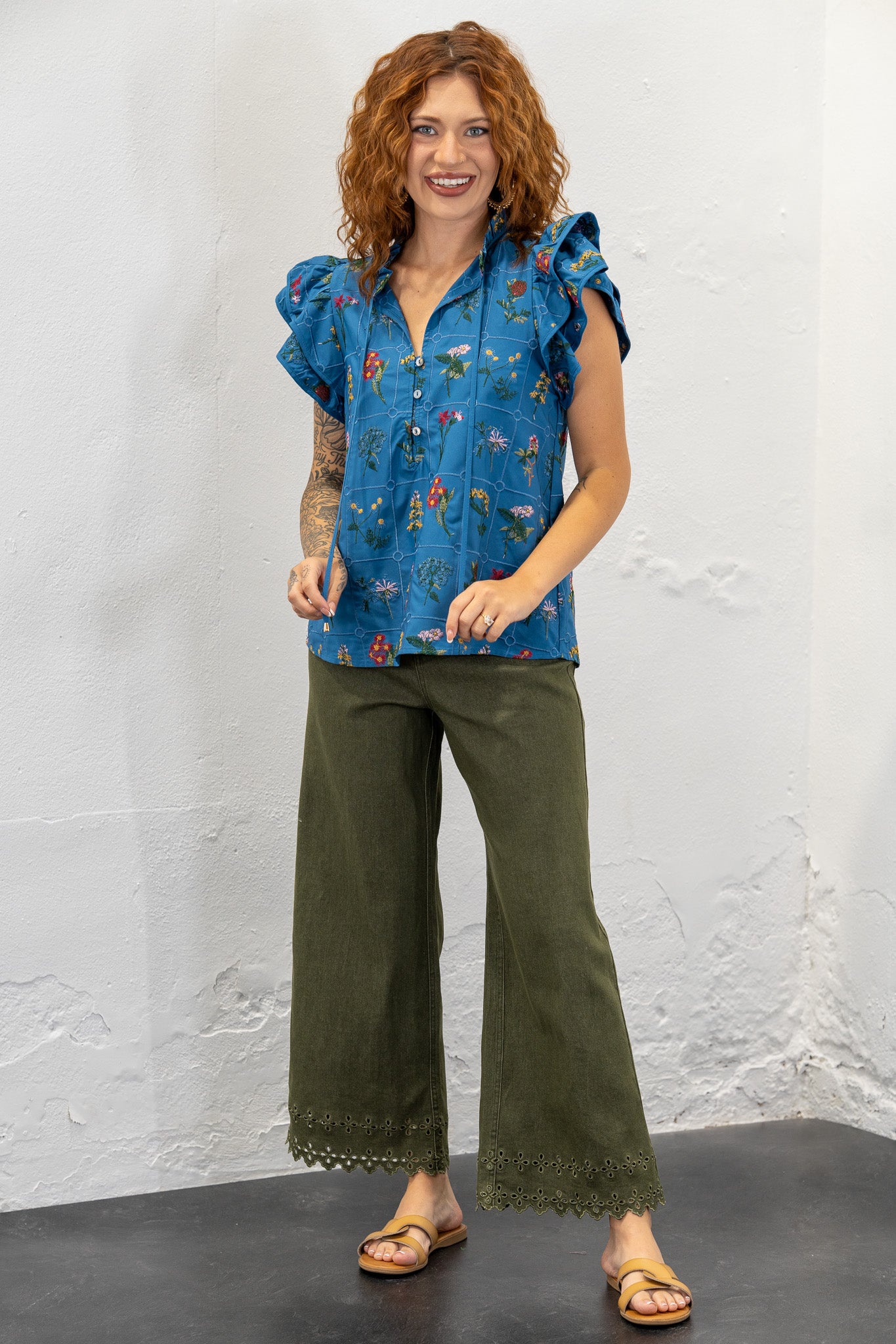 Shelley Eyelet Olive Pants