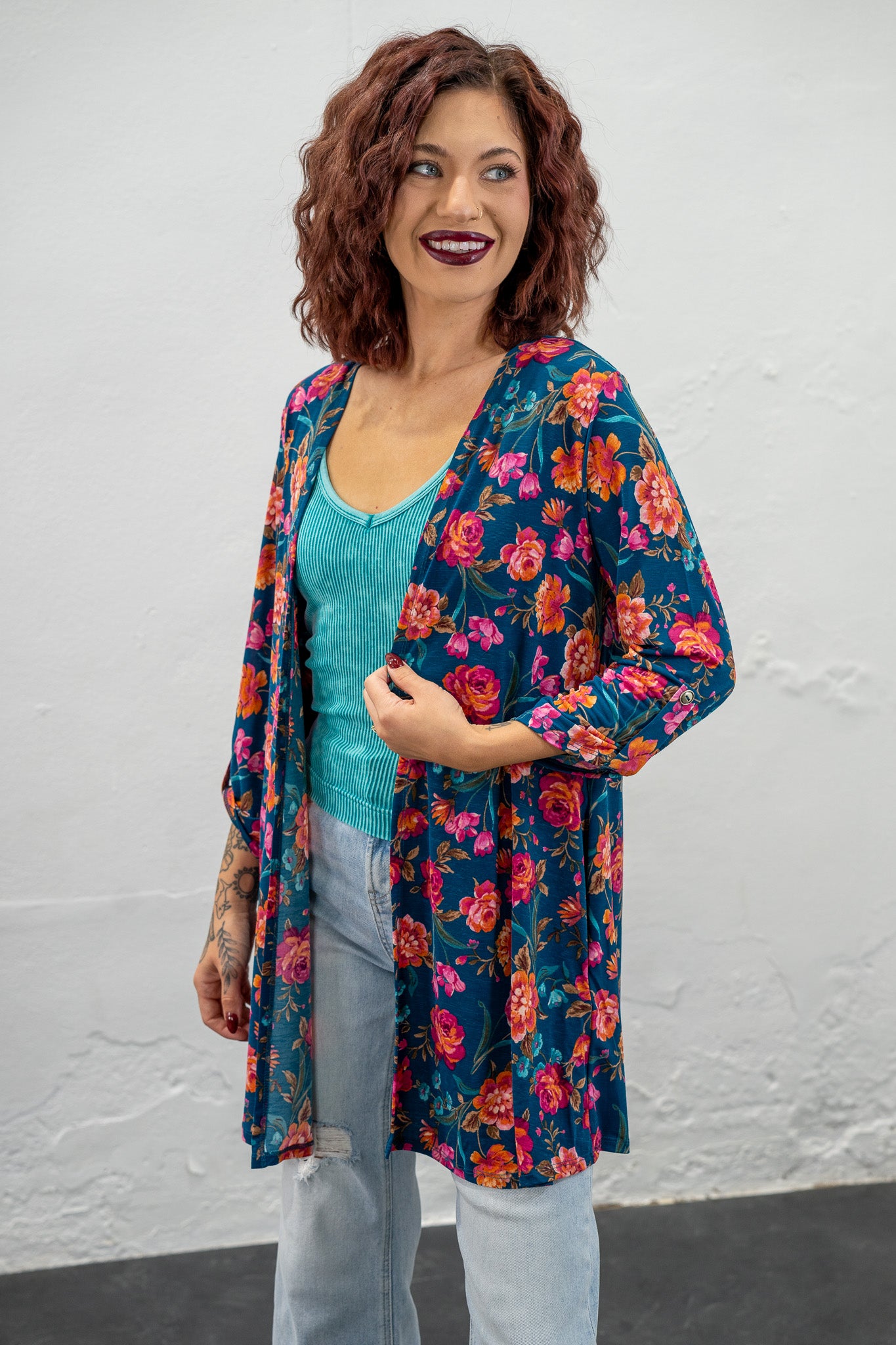 Kiera Teal Floral Cardigan