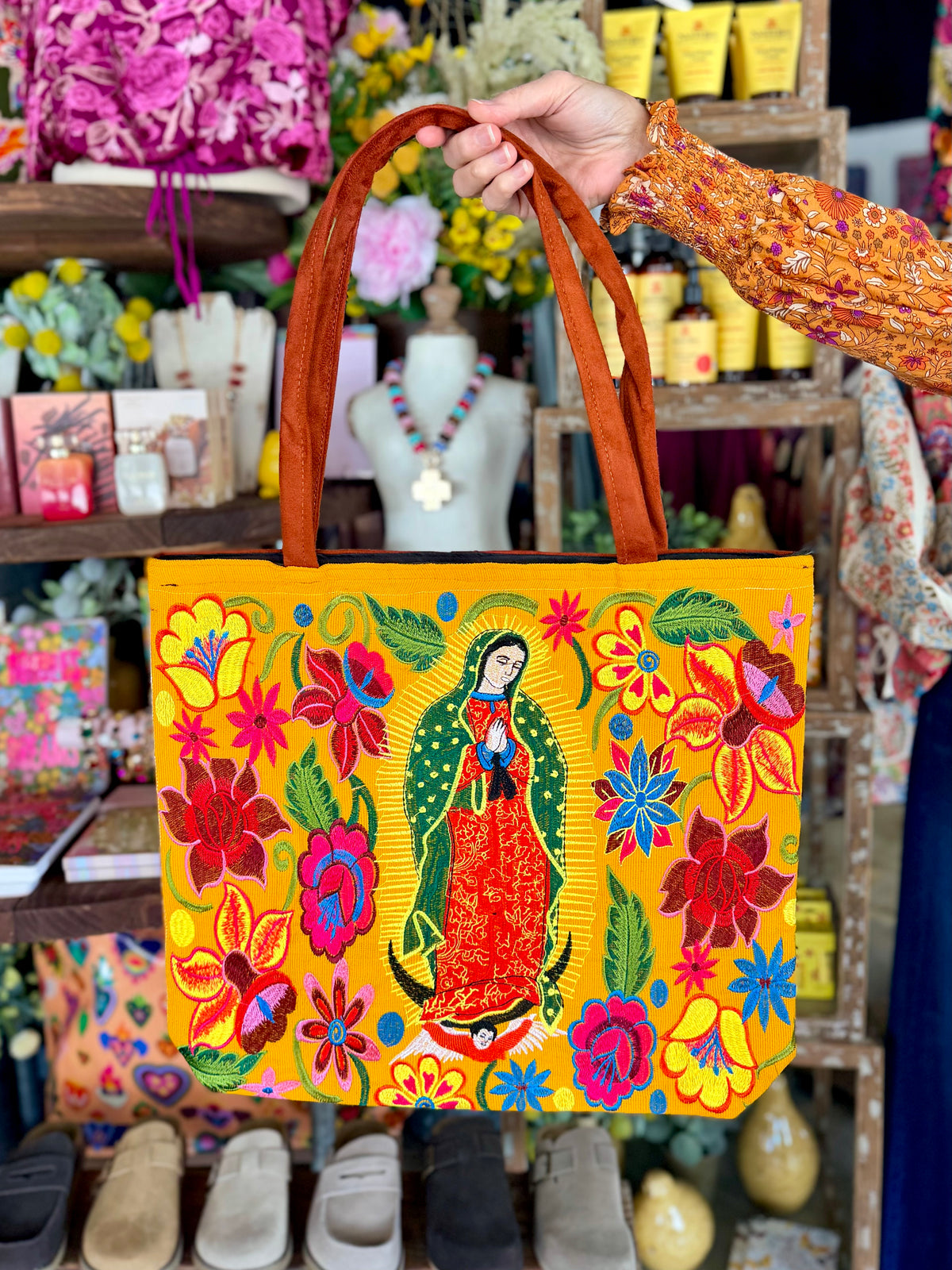 Embroidered Our Lady Suede Tote