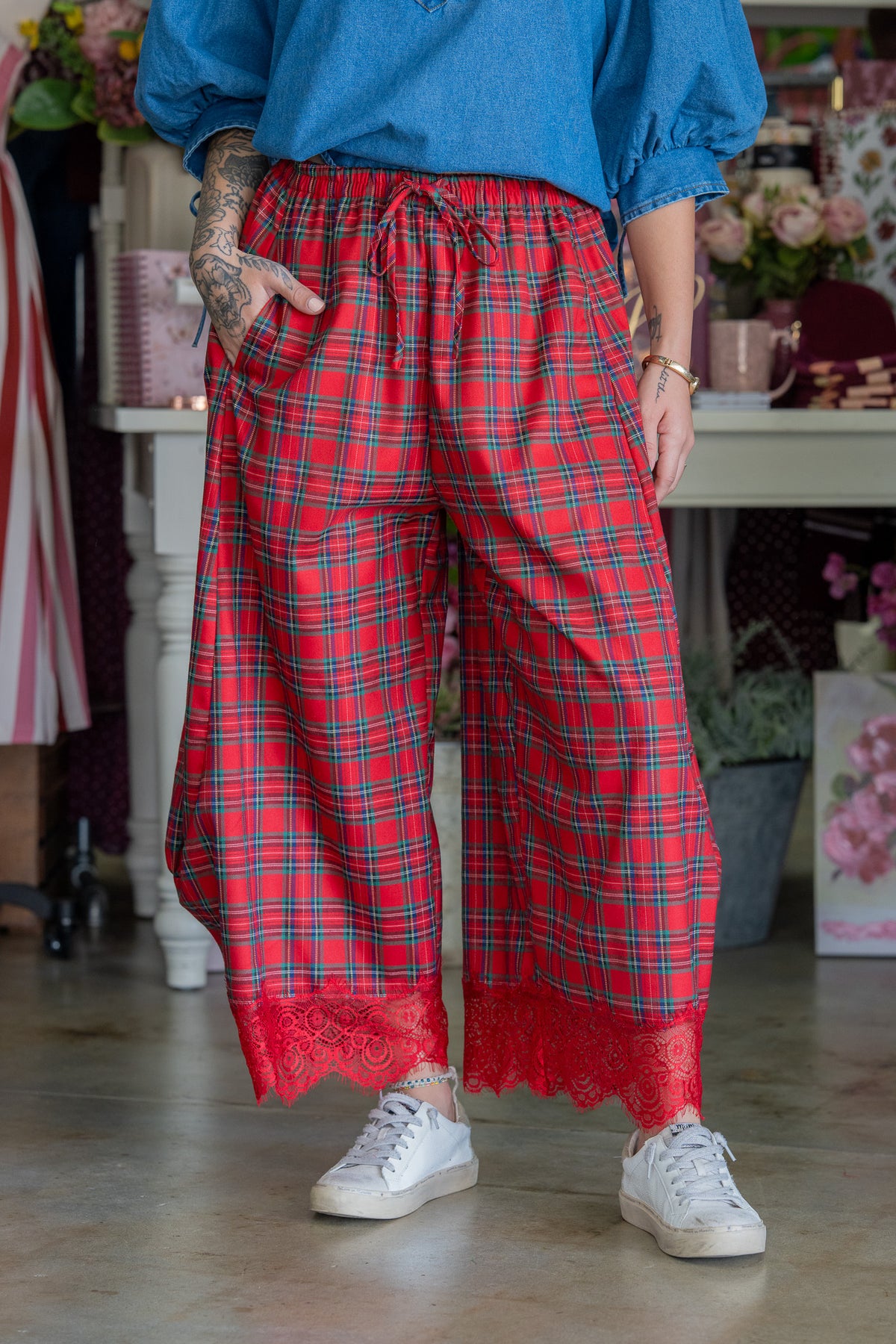 Jingle Bell Plaid Lace Pants