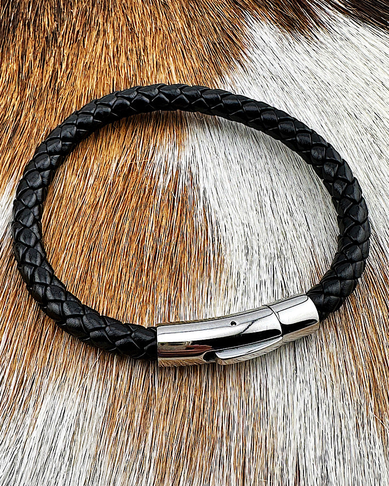 Men's Black Leather and Steel Braided Bracelet