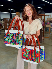 Embroidered Cactus Burlap Tote