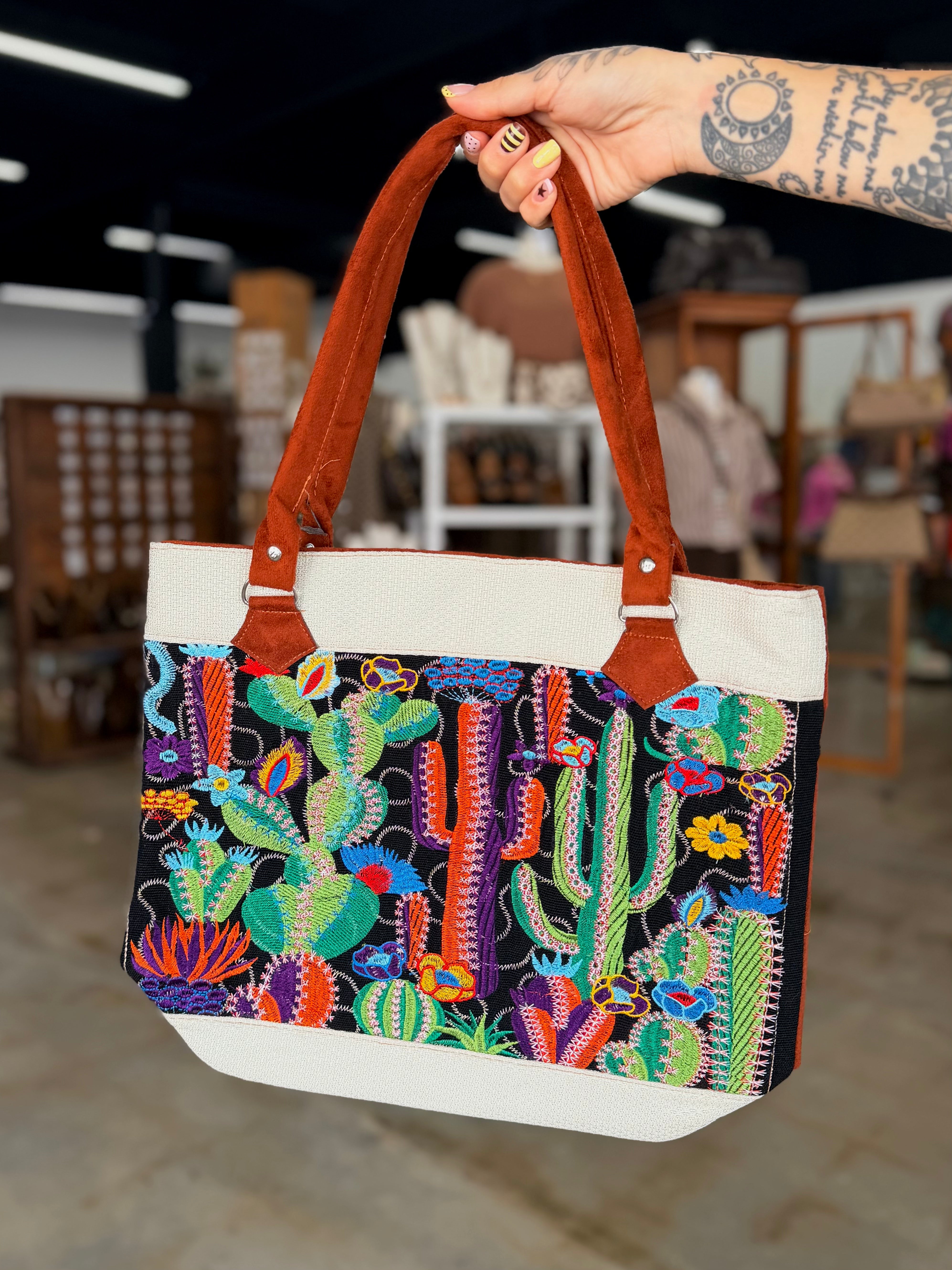 Embroidered Cactus Burlap Tote