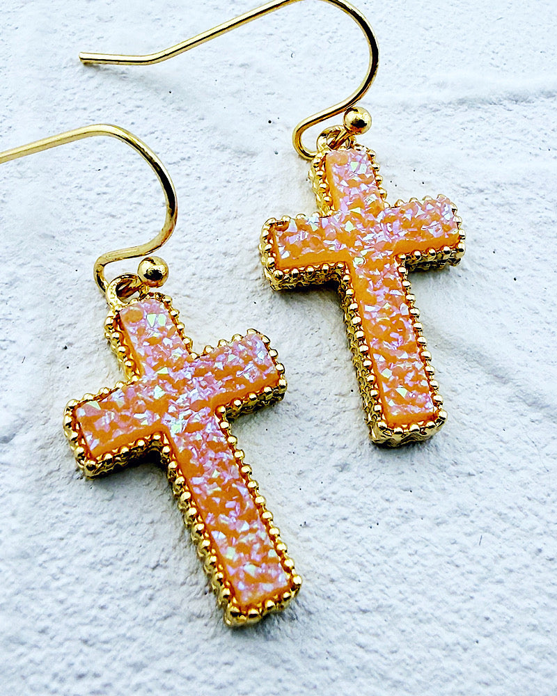 Ella Peach Cross Earrings