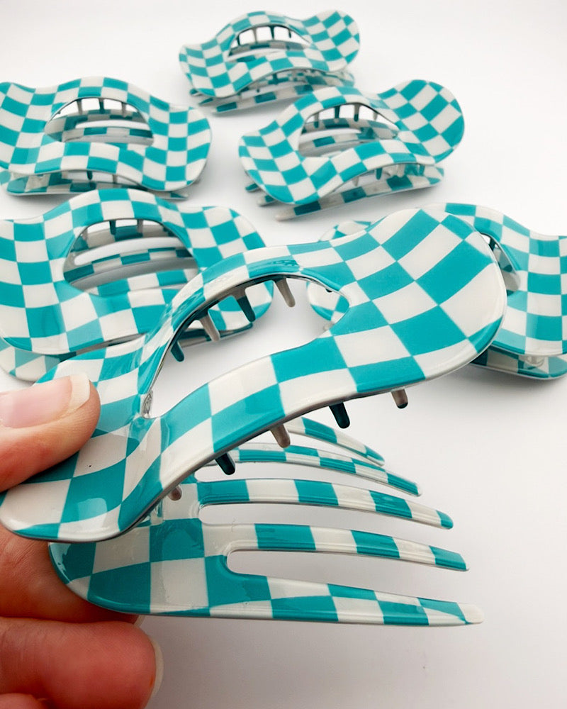 Teal Check Flat Hair Clip