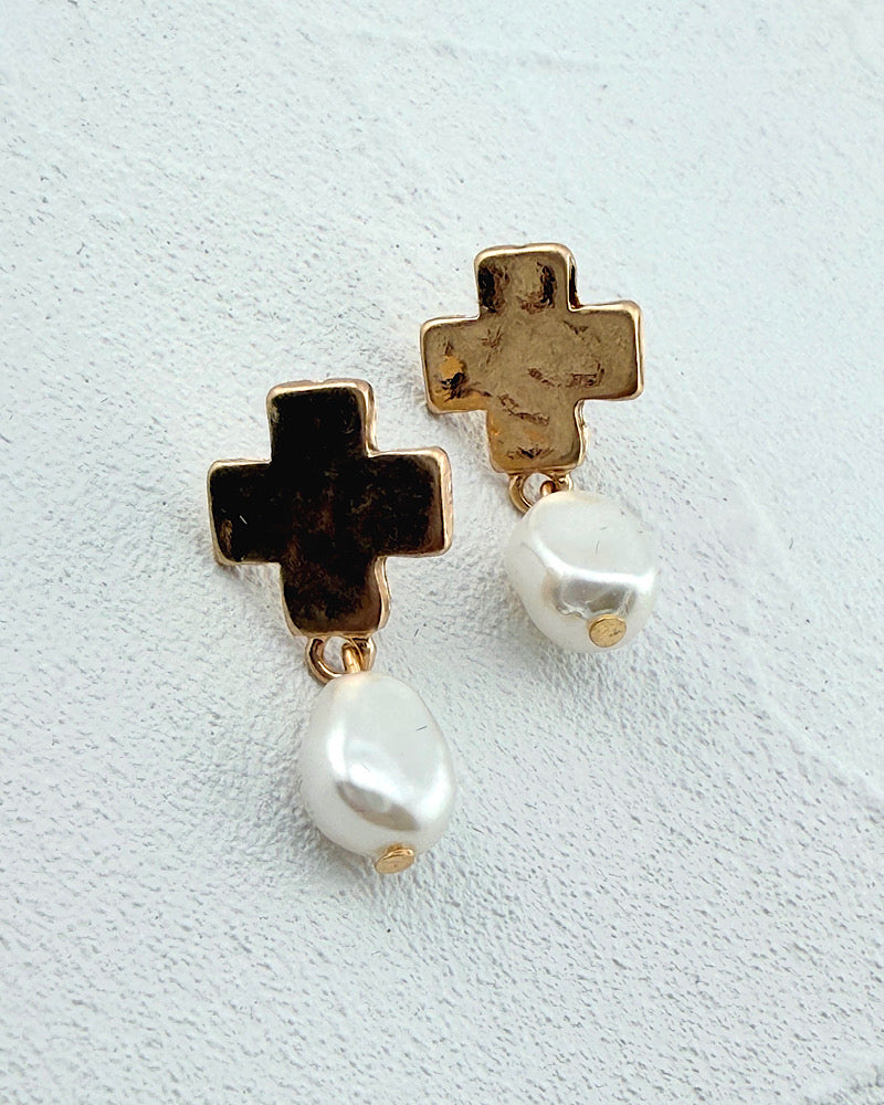 Pearl Pop Cross Earrings
