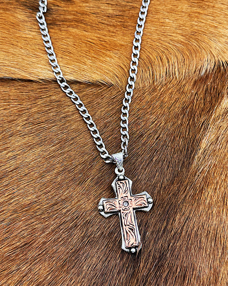 Copper & Silver Engraved Cross Necklace