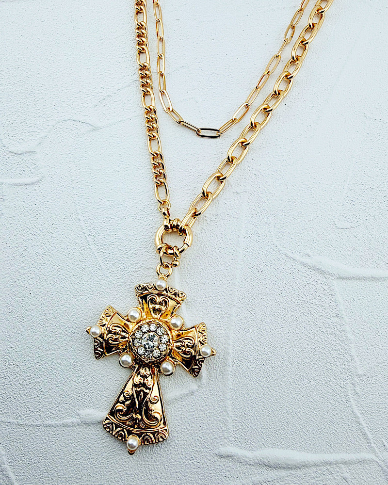 Paulina Pearl Cross Necklace