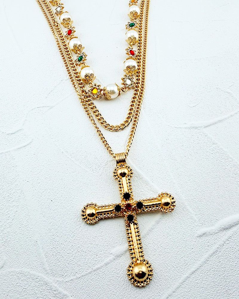 Noemi Jewel & Pearl Cross Necklace