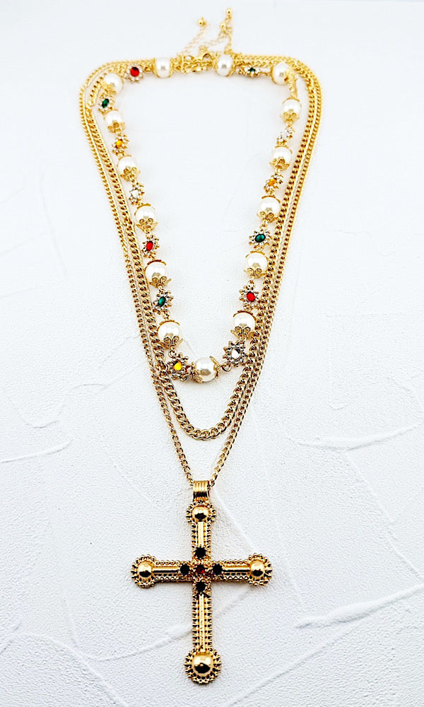 Noemi Jewel & Pearl Cross Necklace