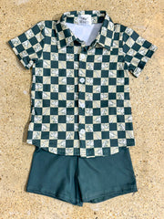 Checkered Chomp Button Shirt Set