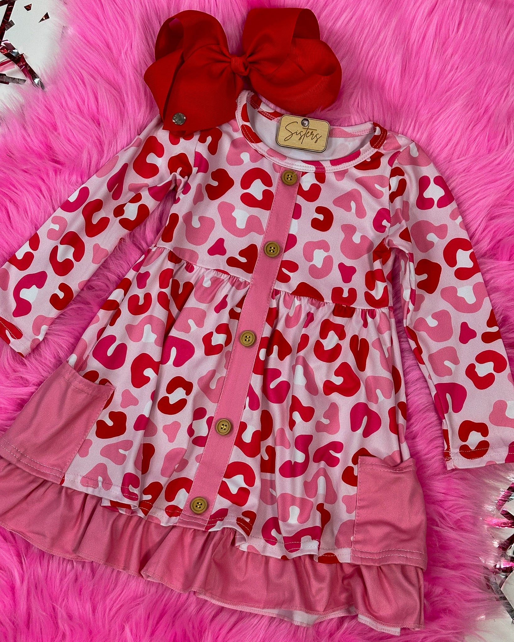 Pink & Red Leopard Ruffle Dress