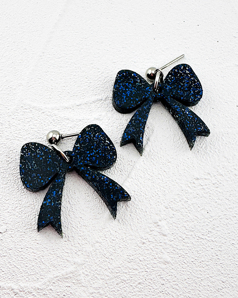 Navy Glitter Bow Earrings
