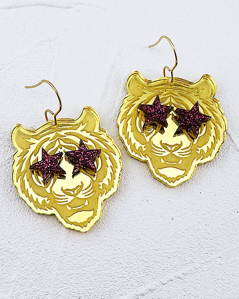 Gold Tiger Fan Glam Earrings