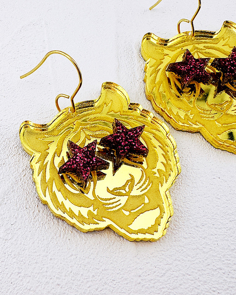 Gold Tiger Fan Glam Earrings