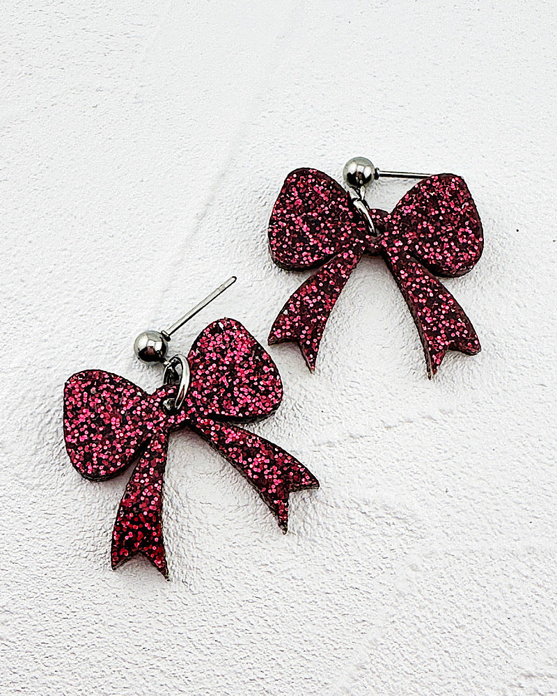 Maroon Glitter Bow Earrings