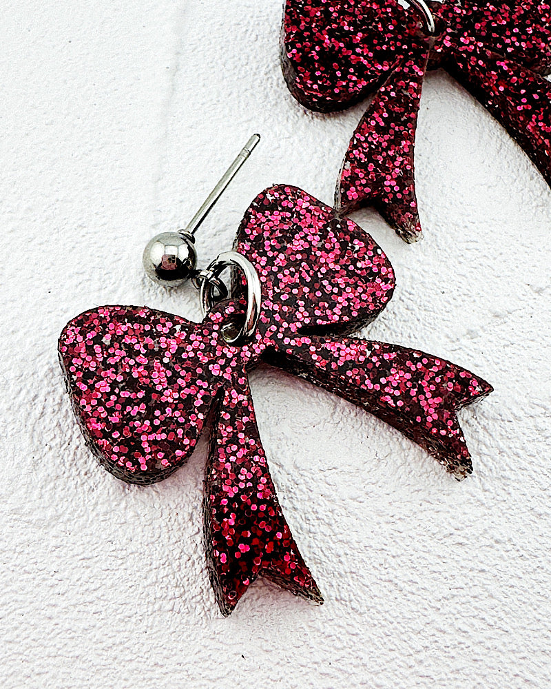 Maroon Glitter Bow Earrings