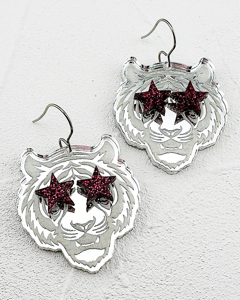 Silver Tiger Fan Glam Earrings