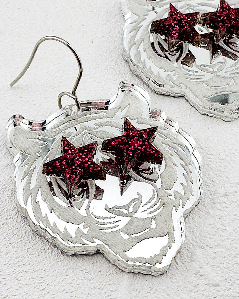Silver Tiger Fan Glam Earrings
