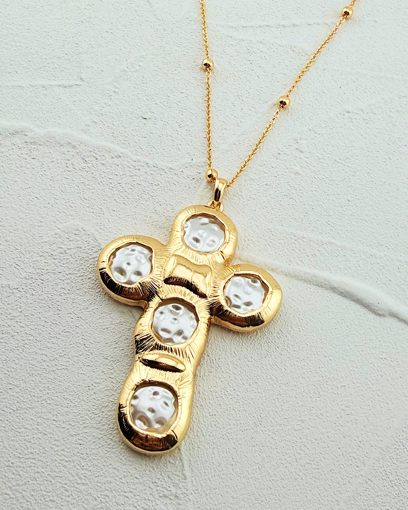Moonlit Pearl Cross Necklace