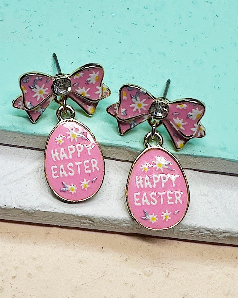 Happy Easter Pink Bow Earrings