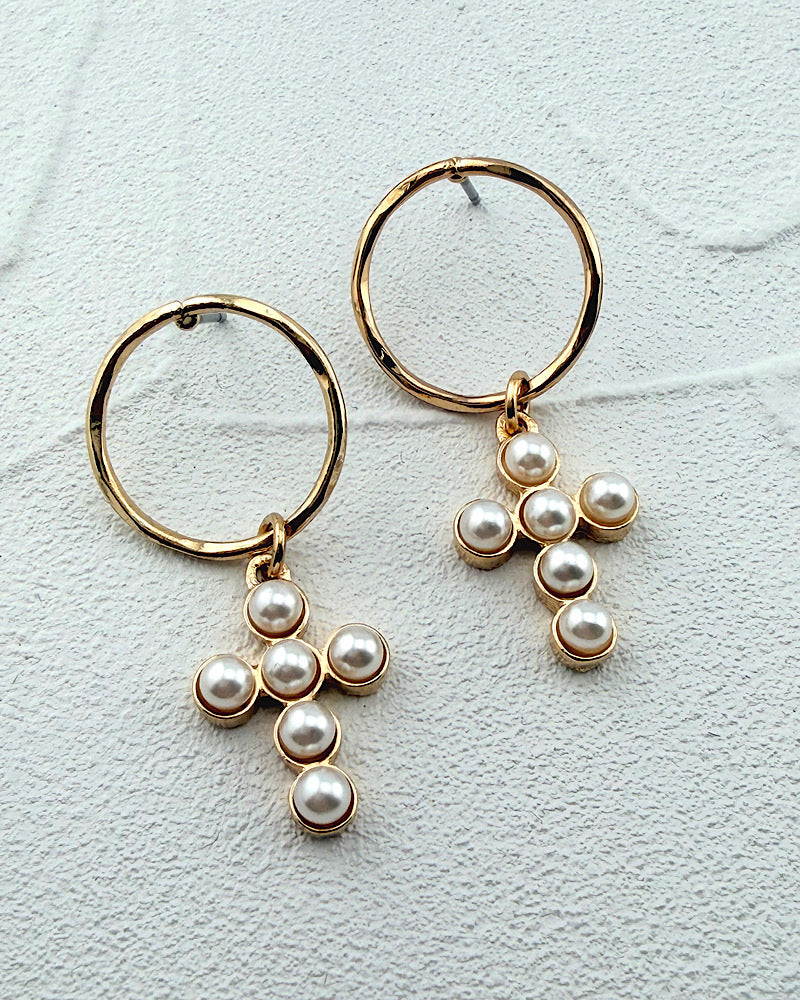 Moonlit Pearl Cross Earrings