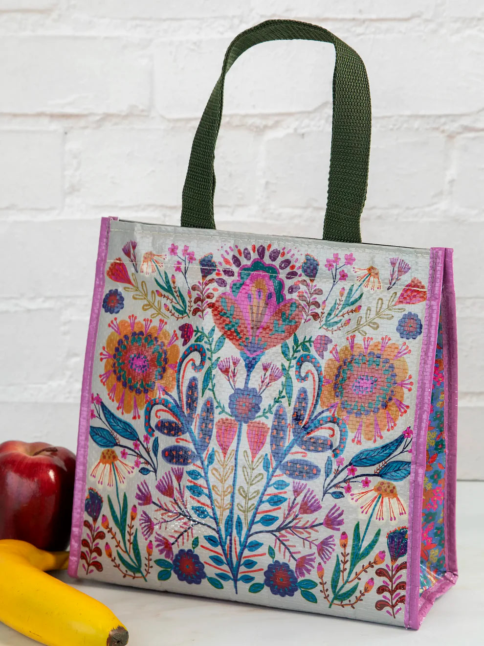 Beige Folk Flower Insulated Lunch Bag