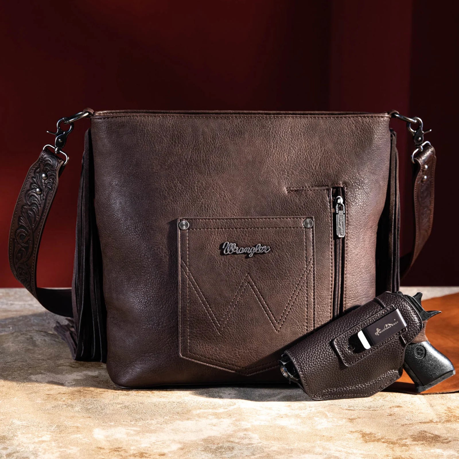 Wrangler Full Distressed Leather Concealed Carry Tote with Detachable Crossbody Bag Brown