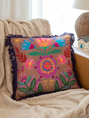 Brown Floral Fringed Pillow