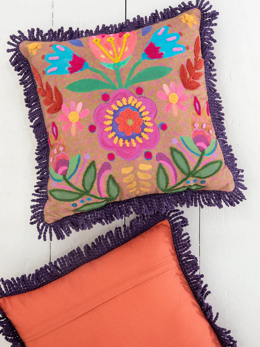 Brown Floral Fringed Pillow