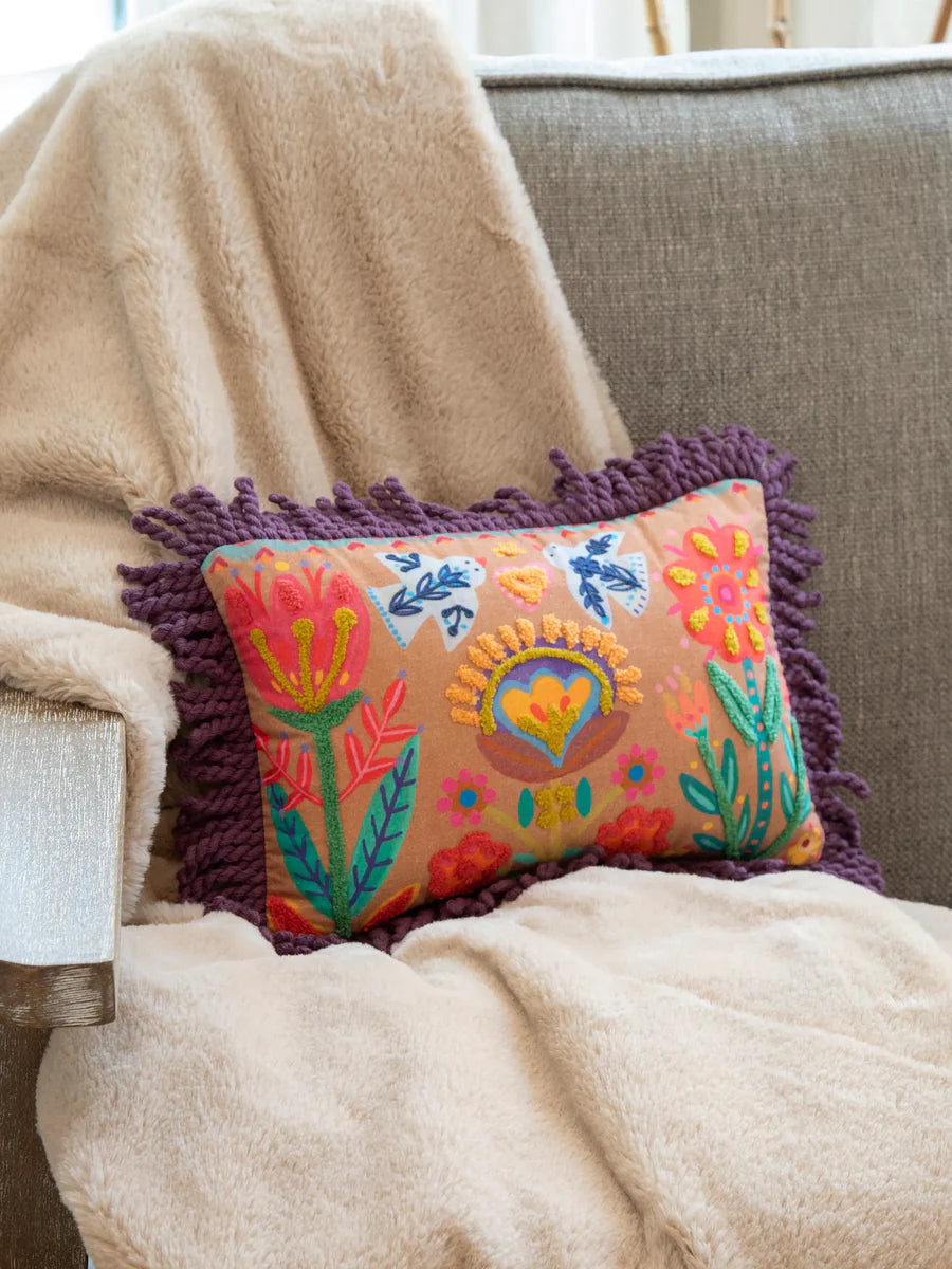 Tan Floral Fringed Pillow