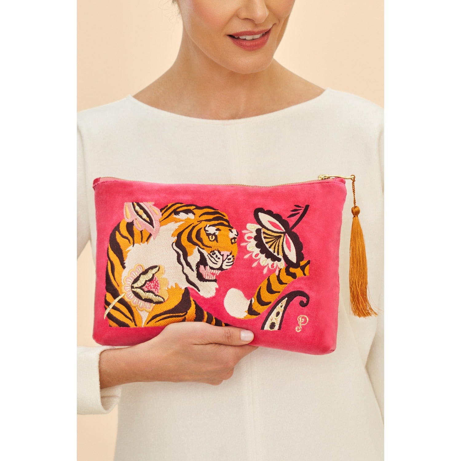 Tiger Velvet Zip Pouch