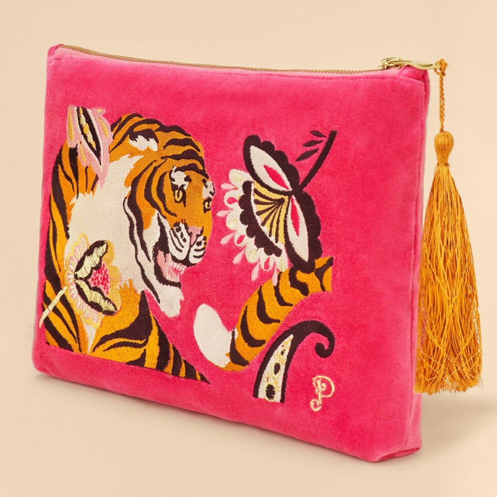 Tiger Velvet Zip Pouch