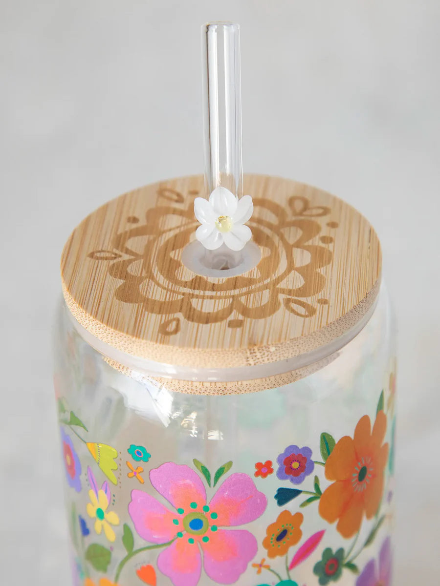 Folk Flower Glass Tumbler & Straw