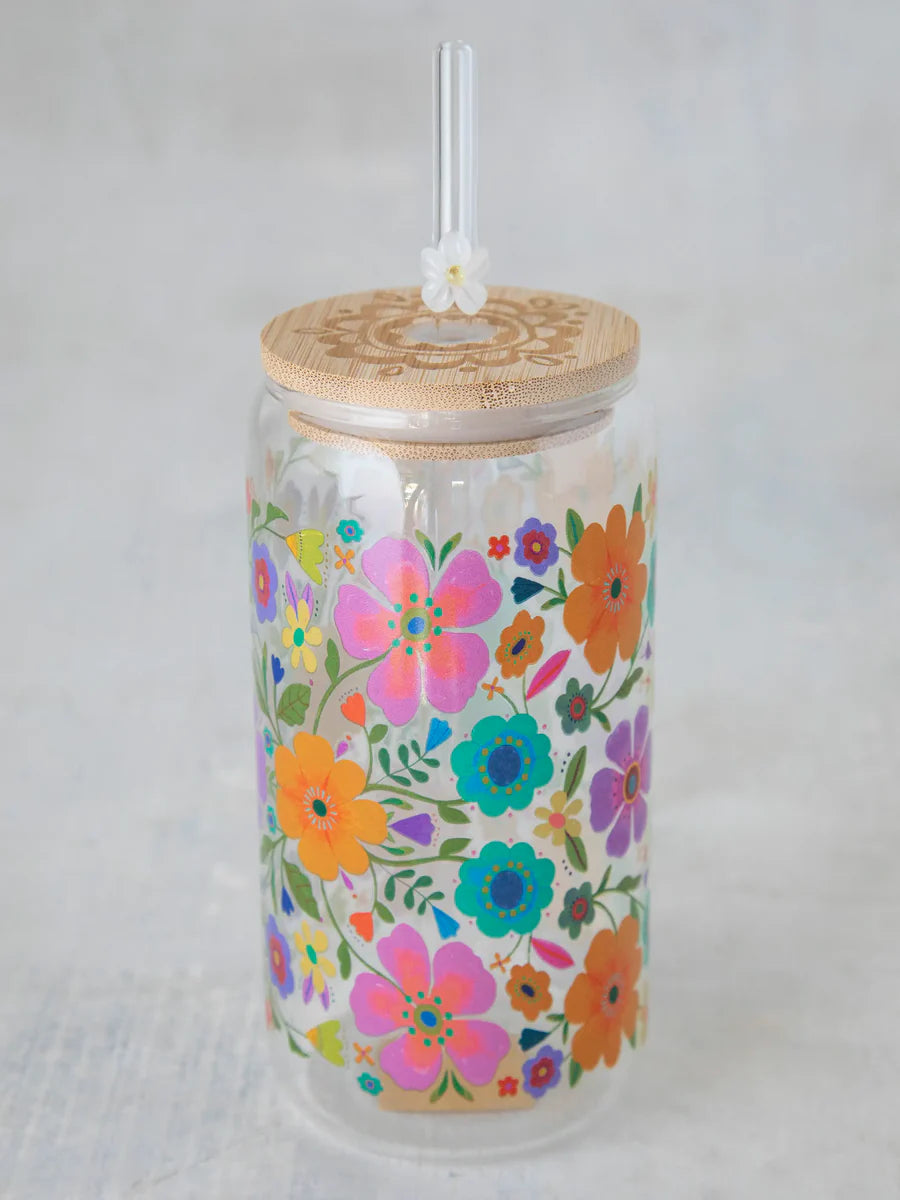 Folk Flower Glass Tumbler & Straw