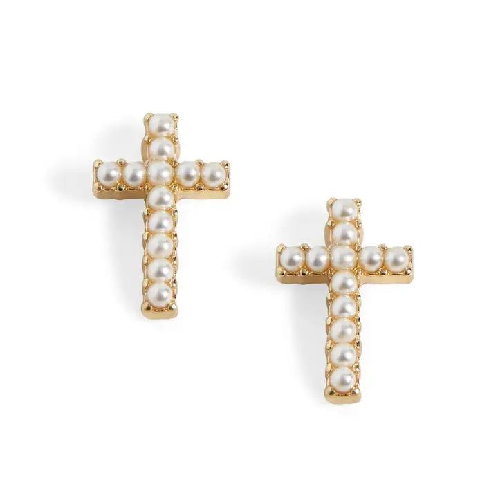 Gold Pearl Cross Studs