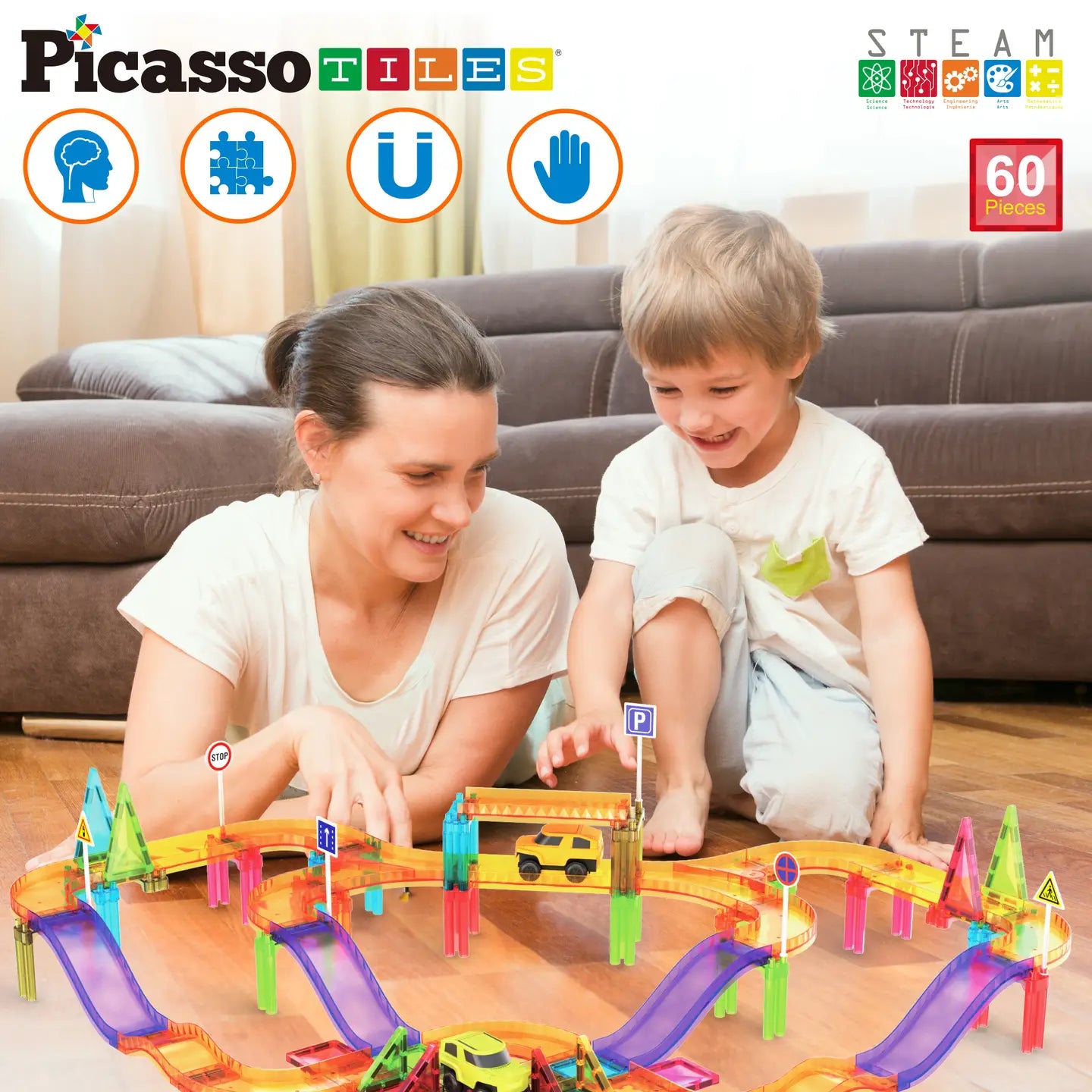 60pc Magnet Tile LED Race Track Set