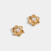 Pearl Center Flower Earrings Gold