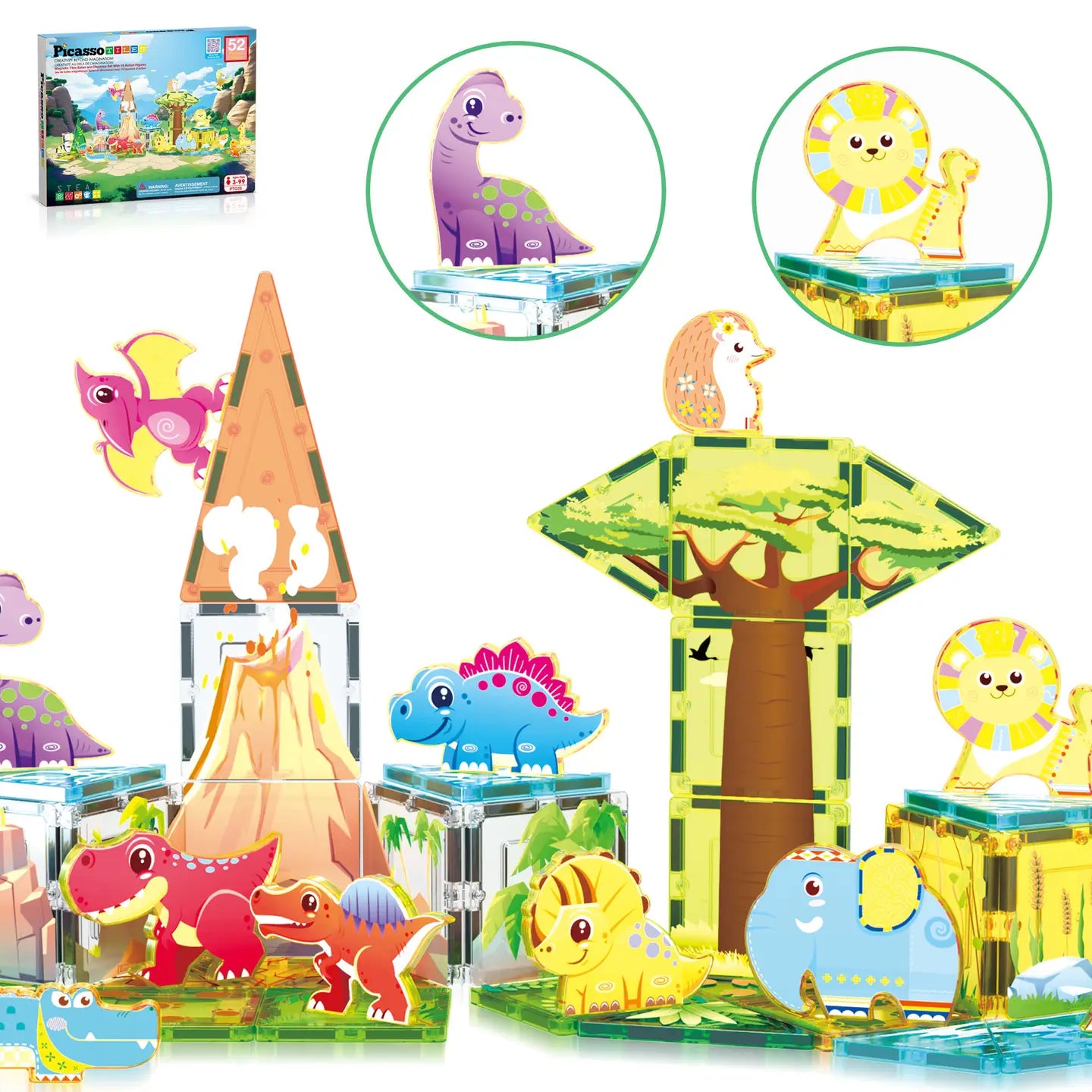 52 Pieces Dinosaur & Safari Magnetic Building Tiles Set