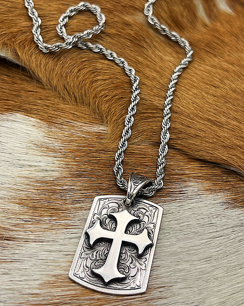Floral Cross Dog Tag Necklace