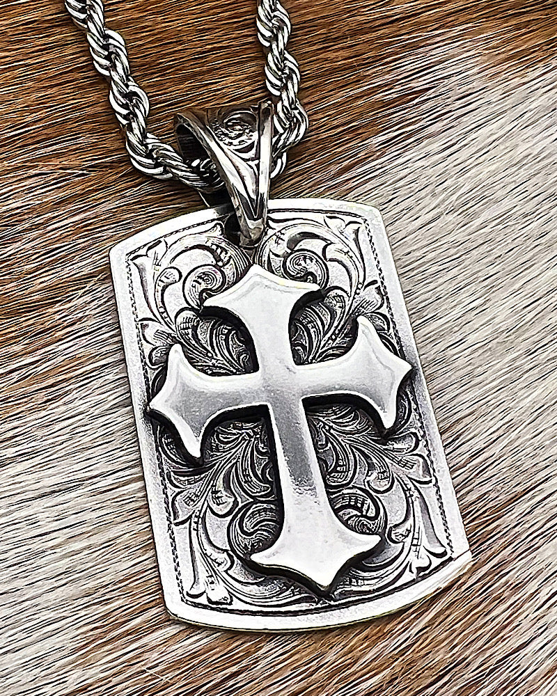 Floral Cross Dog Tag Necklace