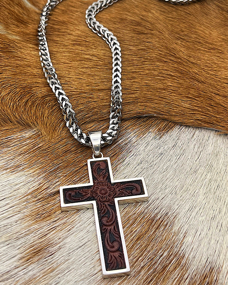 Tooled Leather Cross Necklace