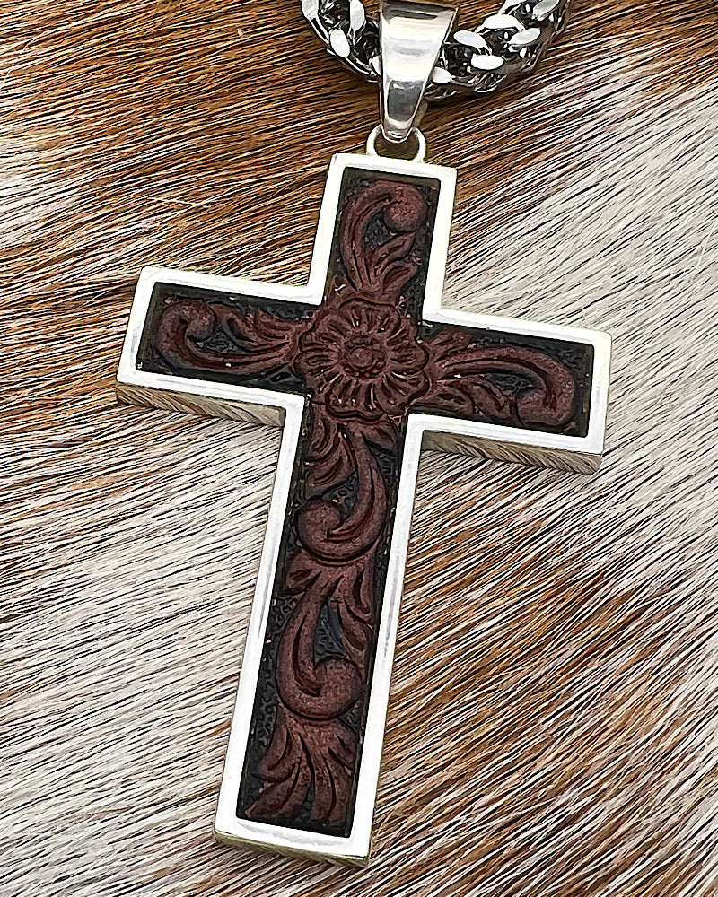 Iconic | Brown Leather With Silver-Tone Stainless Steel Cross Necklace | In  stock! | Lucleon