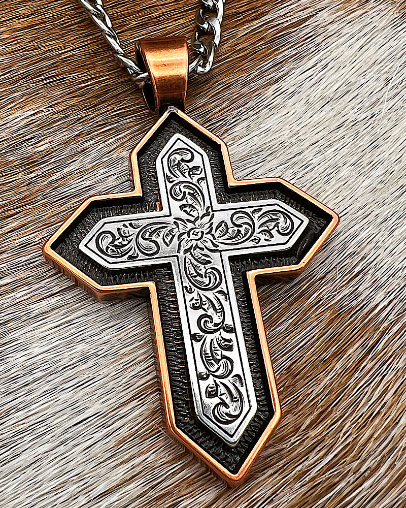 Engraved Box With Silver Finish Cross Necklace